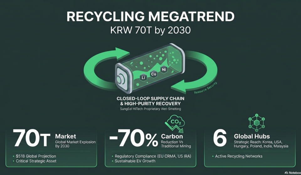 Infographic of Battery Recycling Market Growth (70T KRW) and SungEel HiTech Strategic Advantage