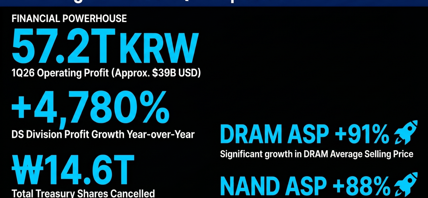 Minimalist mobile-friendly infographic of Samsung Electronics Q1 2026 earnings. Features three massive figures on a black background: 57.2T KRW Operating Profit (~$39B), +4,780% YoY DS Division growth, and 14.6T KRW in treasury shares cancelled for shareholder value-up.