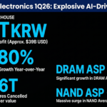 Minimalist mobile-friendly infographic of Samsung Electronics Q1 2026 earnings. Features three massive figures on a black background: 57.2T KRW Operating Profit (~$39B), +4,780% YoY DS Division growth, and 14.6T KRW in treasury shares cancelled for shareholder value-up.
