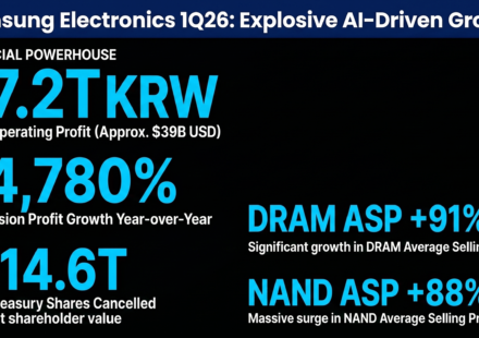 Minimalist mobile-friendly infographic of Samsung Electronics Q1 2026 earnings. Features three massive figures on a black background: 57.2T KRW Operating Profit (~$39B), +4,780% YoY DS Division growth, and 14.6T KRW in treasury shares cancelled for shareholder value-up.