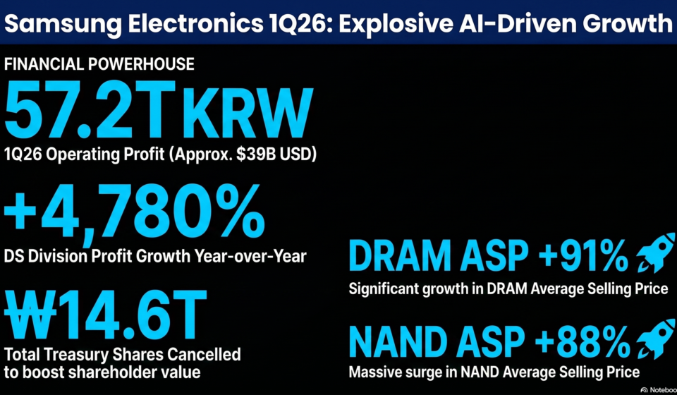 Minimalist mobile-friendly infographic of Samsung Electronics Q1 2026 earnings. Features three massive figures on a black background: 57.2T KRW Operating Profit (~$39B), +4,780% YoY DS Division growth, and 14.6T KRW in treasury shares cancelled for shareholder value-up.