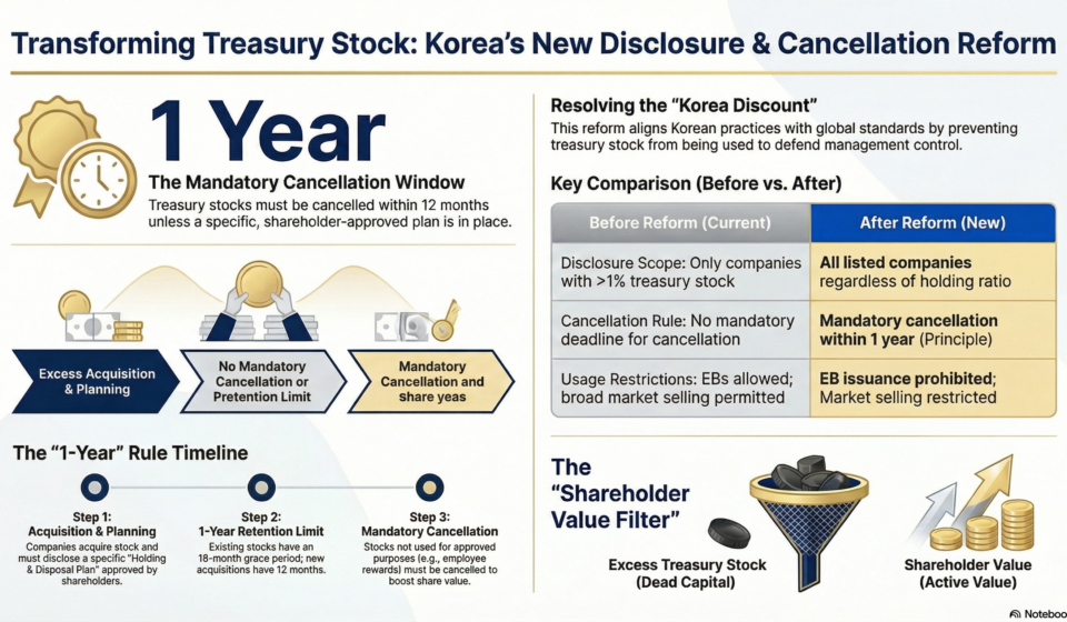 Visual guide to Korea's Treasury Stock Reform 2026: Mandatory cancellation window, disclosure expansion, and ban on Exchangeable Bonds (EBs)
