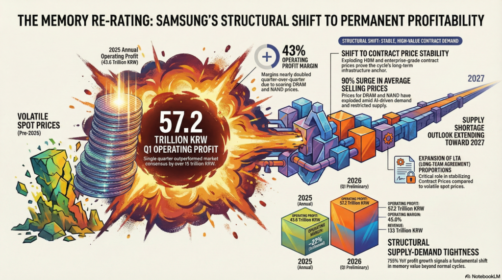 Illustration of the memory market structural re-rating and Samsung's shift to permanent profitability driven by AI and LTA stability through 2027.