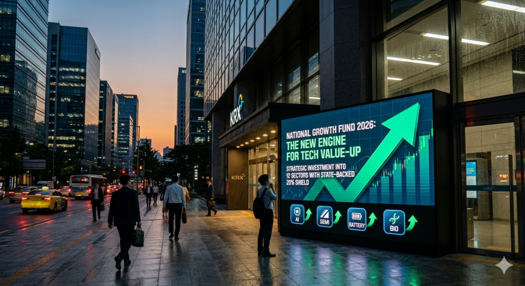 Korea Exchange (KRX) financial district with Value-up Fund display