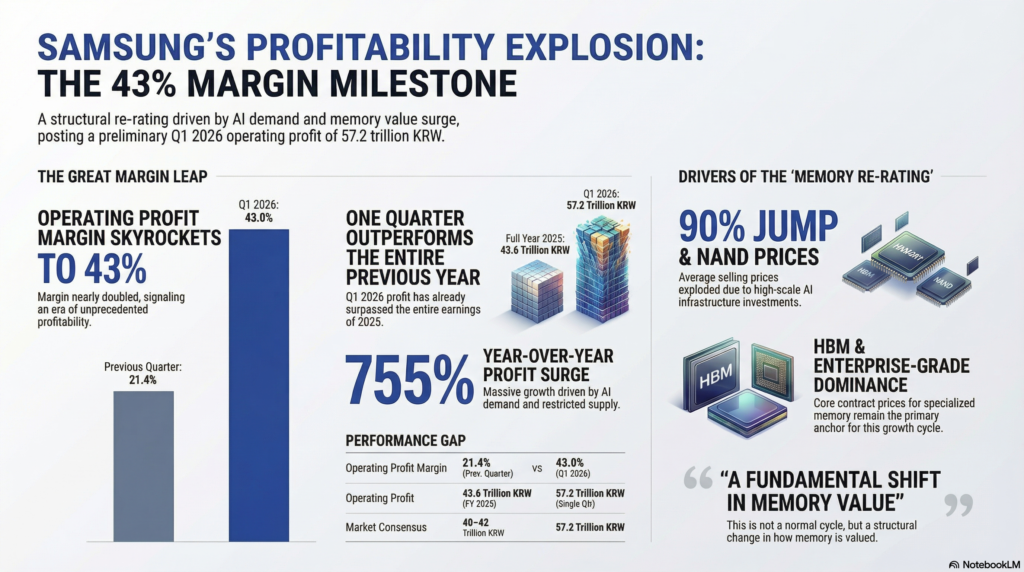 Data visualization of Samsung's 43 percent operating profit margin and 755 percent year-over-year profit surge in Q1 2026.