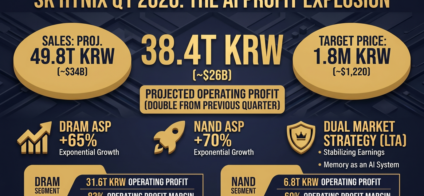 Professional financial infographic of SK Hynix Q1 2026 earnings outlook, projecting a record operating profit of 38.4 Trillion KRW (approx. $26 Billion) with a 1,470+ KRW/USD exchange rate. The visual highlights a 65% jump in DRAM ASP, a 70% increase in NAND ASP, and the strategic shift toward a Dual Market LTA (Long-Term Agreement) model for AI memory infrastructure.
