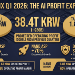 Professional financial infographic of SK Hynix Q1 2026 earnings outlook, projecting a record operating profit of 38.4 Trillion KRW (approx. $26 Billion) with a 1,470+ KRW/USD exchange rate. The visual highlights a 65% jump in DRAM ASP, a 70% increase in NAND ASP, and the strategic shift toward a Dual Market LTA (Long-Term Agreement) model for AI memory infrastructure.
