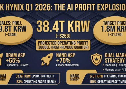 Professional financial infographic of SK Hynix Q1 2026 earnings outlook, projecting a record operating profit of 38.4 Trillion KRW (approx. $26 Billion) with a 1,470+ KRW/USD exchange rate. The visual highlights a 65% jump in DRAM ASP, a 70% increase in NAND ASP, and the strategic shift toward a Dual Market LTA (Long-Term Agreement) model for AI memory infrastructure.