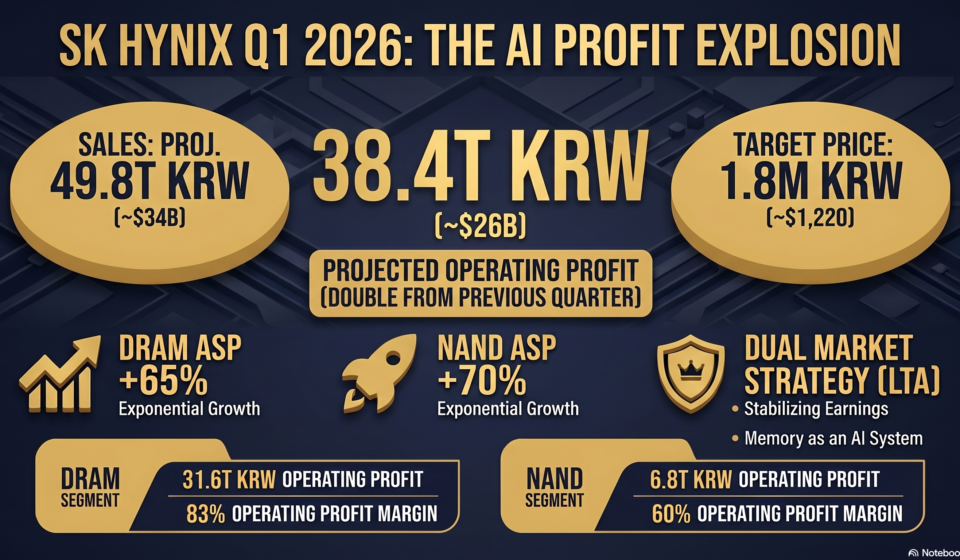 Professional financial infographic of SK Hynix Q1 2026 earnings outlook, projecting a record operating profit of 38.4 Trillion KRW (approx. $26 Billion) with a 1,470+ KRW/USD exchange rate. The visual highlights a 65% jump in DRAM ASP, a 70% increase in NAND ASP, and the strategic shift toward a Dual Market LTA (Long-Term Agreement) model for AI memory infrastructure.