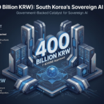Professional infographic showing South Korea's 400 Billion KRW investment in Sovereign AI infrastructure, featuring Naver's Gak Sejong data center and the transition to independent GPU clusters.