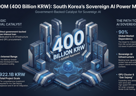 Professional infographic showing South Korea's 400 Billion KRW investment in Sovereign AI infrastructure, featuring Naver's Gak Sejong data center and the transition to independent GPU clusters.