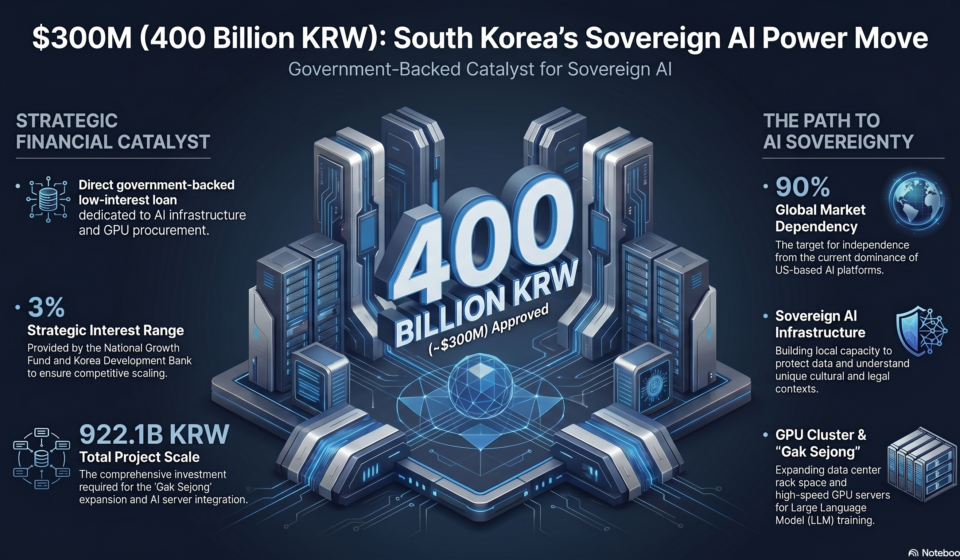 Professional infographic showing South Korea's 400 Billion KRW investment in Sovereign AI infrastructure, featuring Naver's Gak Sejong data center and the transition to independent GPU clusters.