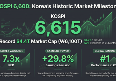 Financial infographic showing KOSPI breaking 6,600 with a record $4.4 Trillion market cap. Highlights include a low 7.3x PER, a 29.8% upward earnings revision, and South Korea's #1 performance ranking among G20 markets for 2026.