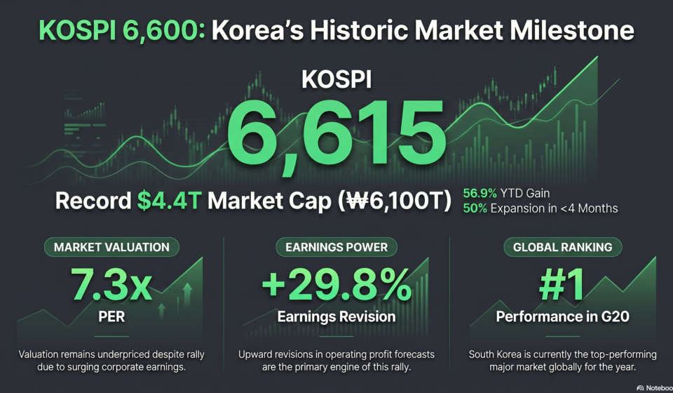 Financial infographic showing KOSPI breaking 6,600 with a record $4.4 Trillion market cap. Highlights include a low 7.3x PER, a 29.8% upward earnings revision, and South Korea's #1 performance ranking among G20 markets for 2026.