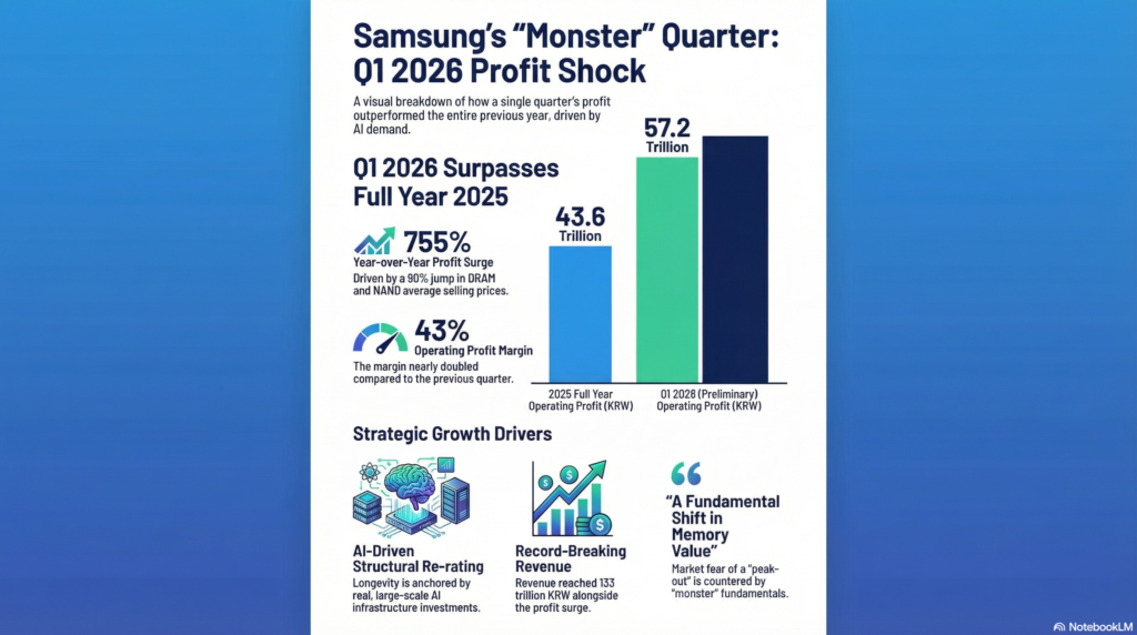 Infographic showing Samsung Electronics Q1 2026 preliminary operating profit of 57.2 trillion KRW surpassing the entire annual profit of 2025.