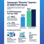 Infographic showing Samsung Electronics Q1 2026 preliminary operating profit of 57.2 trillion KRW surpassing the entire annual profit of 2025.