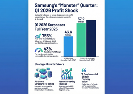 Infographic showing Samsung Electronics Q1 2026 preliminary operating profit of 57.2 trillion KRW surpassing the entire annual profit of 2025.