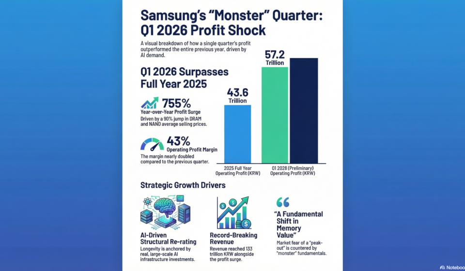 Infographic showing Samsung Electronics Q1 2026 preliminary operating profit of 57.2 trillion KRW surpassing the entire annual profit of 2025.