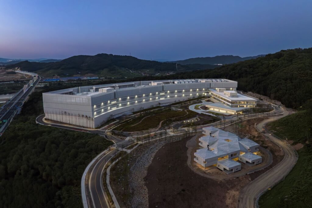 Aerial panoramic view of Naver's AI Data Center 'Gak Sejong' in South Korea, highlighting its massive infrastructure for Sovereign AI and GPU clusters.