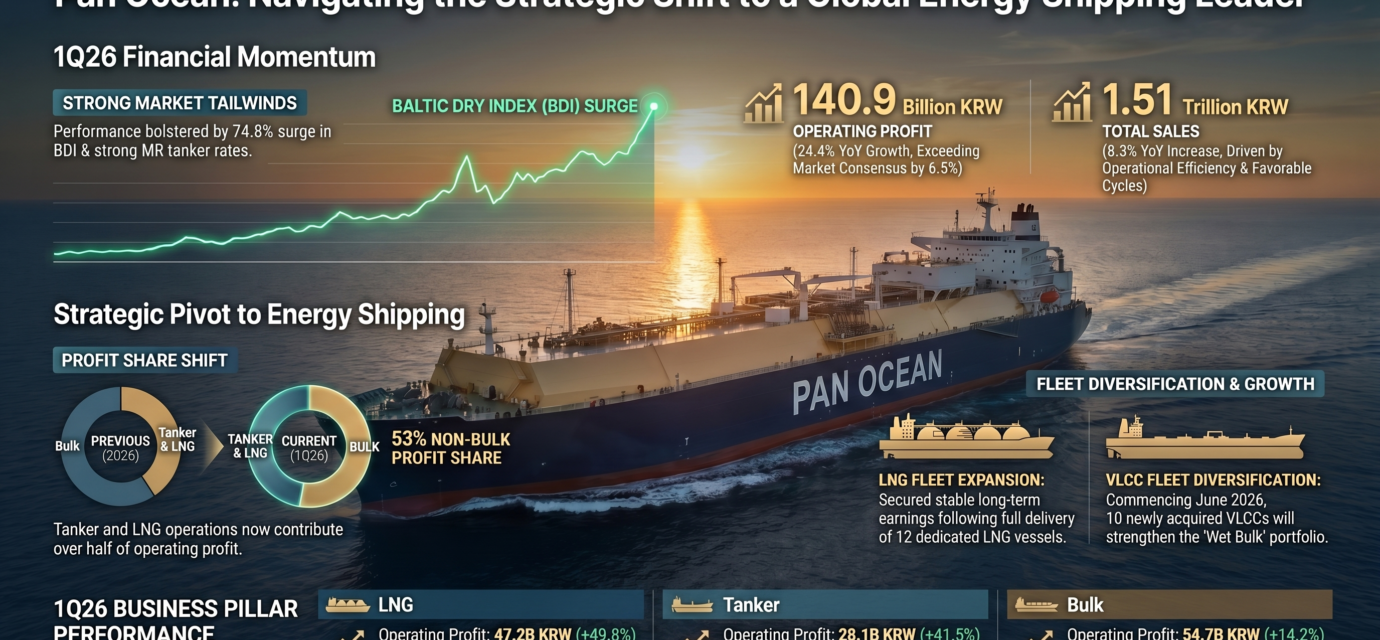 Comprehensive infographic of Pan Ocean's 1Q26 performance, highlighting the strategic shift to a global energy shipping leader. Includes BDI surge chart, 140.9 Billion KRW operating profit, and the 53% non-bulk profit share milestone from LNG and Tanker operations.