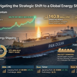 Comprehensive infographic of Pan Ocean's 1Q26 performance, highlighting the strategic shift to a global energy shipping leader. Includes BDI surge chart, 140.9 Billion KRW operating profit, and the 53% non-bulk profit share milestone from LNG and Tanker operations.
