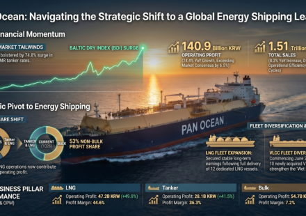 Comprehensive infographic of Pan Ocean's 1Q26 performance, highlighting the strategic shift to a global energy shipping leader. Includes BDI surge chart, 140.9 Billion KRW operating profit, and the 53% non-bulk profit share milestone from LNG and Tanker operations.