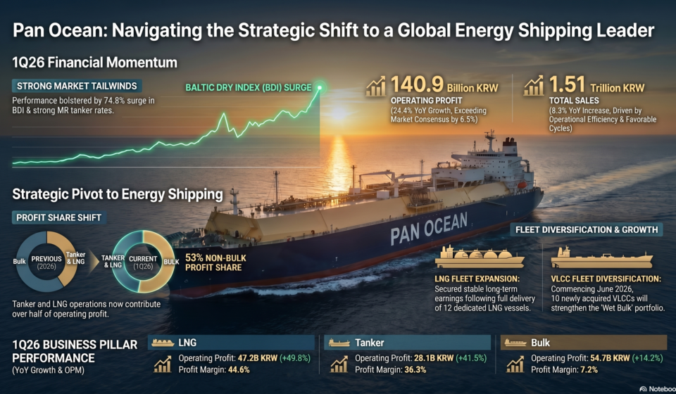 Comprehensive infographic of Pan Ocean's 1Q26 performance, highlighting the strategic shift to a global energy shipping leader. Includes BDI surge chart, 140.9 Billion KRW operating profit, and the 53% non-bulk profit share milestone from LNG and Tanker operations.