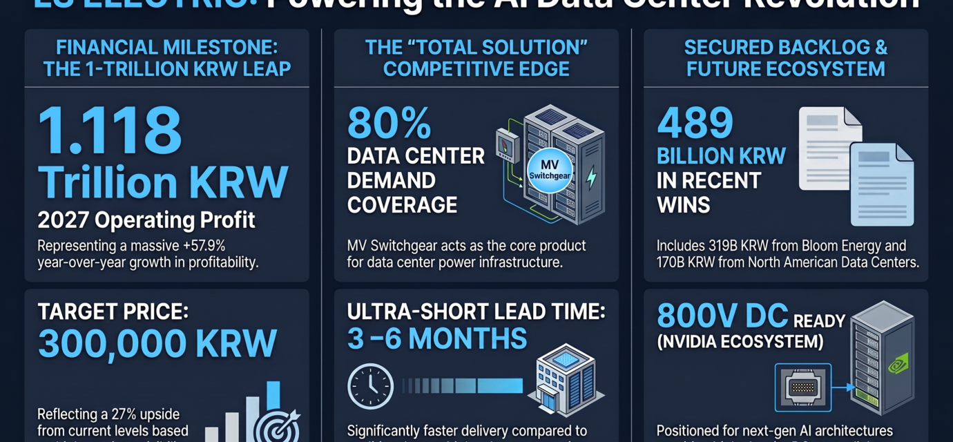 Infographic titled "LS ELECTRIC: Powering the AI Data Center Revolution" by Inside Korea hub. Divided into three main sections: 1) Financial Milestone showing a 2027 Operating Profit forecast of 1.118 Trillion KRW (+57.9% YoY) and a Target Price of 300,000 KRW. 2) The "Total Solution" Competitive Edge highlighting 800V DC readiness for the Nvidia ecosystem, 80% data center demand coverage via MV Switchgear, and an ultra-short lead time of 3-6 months. 3) Secured Backlog showing 489 Billion KRW in recent wins, including 319B KRW from Bloom Energy and 170B KRW from North American Data Centers.