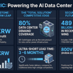 Infographic titled "LS ELECTRIC: Powering the AI Data Center Revolution" by Inside Korea hub. Divided into three main sections: 1) Financial Milestone showing a 2027 Operating Profit forecast of 1.118 Trillion KRW (+57.9% YoY) and a Target Price of 300,000 KRW. 2) The "Total Solution" Competitive Edge highlighting 800V DC readiness for the Nvidia ecosystem, 80% data center demand coverage via MV Switchgear, and an ultra-short lead time of 3-6 months. 3) Secured Backlog showing 489 Billion KRW in recent wins, including 319B KRW from Bloom Energy and 170B KRW from North American Data Centers.