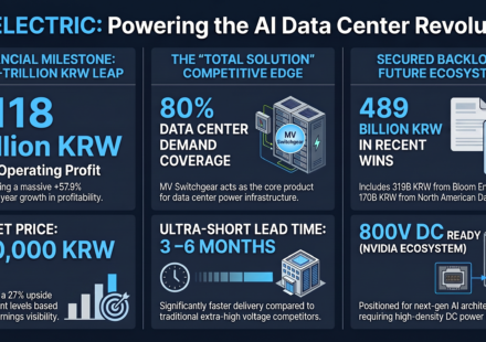 Infographic titled "LS ELECTRIC: Powering the AI Data Center Revolution" by Inside Korea hub. Divided into three main sections: 1) Financial Milestone showing a 2027 Operating Profit forecast of 1.118 Trillion KRW (+57.9% YoY) and a Target Price of 300,000 KRW. 2) The "Total Solution" Competitive Edge highlighting 800V DC readiness for the Nvidia ecosystem, 80% data center demand coverage via MV Switchgear, and an ultra-short lead time of 3-6 months. 3) Secured Backlog showing 489 Billion KRW in recent wins, including 319B KRW from Bloom Energy and 170B KRW from North American Data Centers.