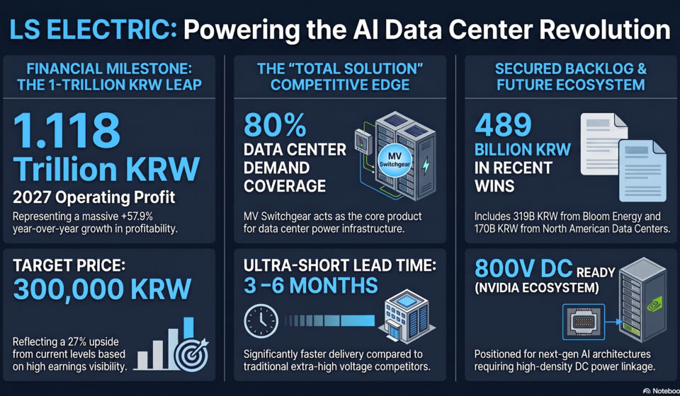 Infographic titled "LS ELECTRIC: Powering the AI Data Center Revolution" by Inside Korea hub. Divided into three main sections: 1) Financial Milestone showing a 2027 Operating Profit forecast of 1.118 Trillion KRW (+57.9% YoY) and a Target Price of 300,000 KRW. 2) The "Total Solution" Competitive Edge highlighting 800V DC readiness for the Nvidia ecosystem, 80% data center demand coverage via MV Switchgear, and an ultra-short lead time of 3-6 months. 3) Secured Backlog showing 489 Billion KRW in recent wins, including 319B KRW from Bloom Energy and 170B KRW from North American Data Centers.