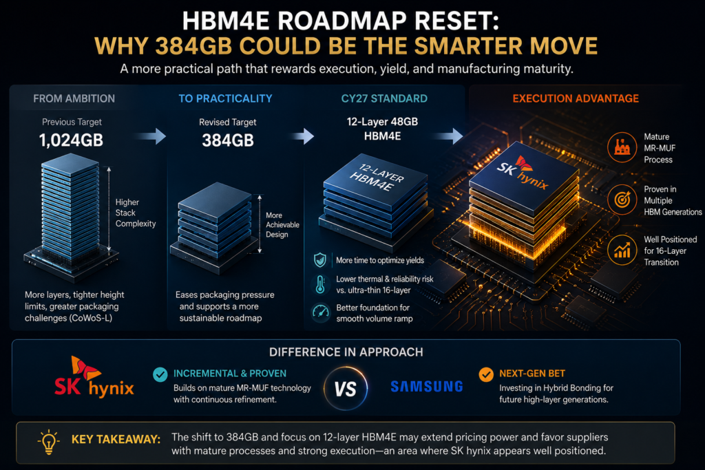 An infographic titled "HBM4E Roadmap Reset: Why 384GB Could Be the Smarter Move." The image illustrates a step-by-step transition from a previous 1,024GB target ("From Ambition") to a revised 384GB target ("To Practicality"), establishing the 12-Layer 48GB HBM4E as the CY27 standard. The right side showcases SK hynix's execution advantage, emphasizing its mature MR-MUF process. The bottom section compares the structural approaches: SK hynix's "Incremental & Proven" MR-MUF technology versus Samsung's "Next-Gen Bet" on Hybrid Bonding, concluding that this market normalization favors suppliers with mature manufacturing execution like SK hynix.