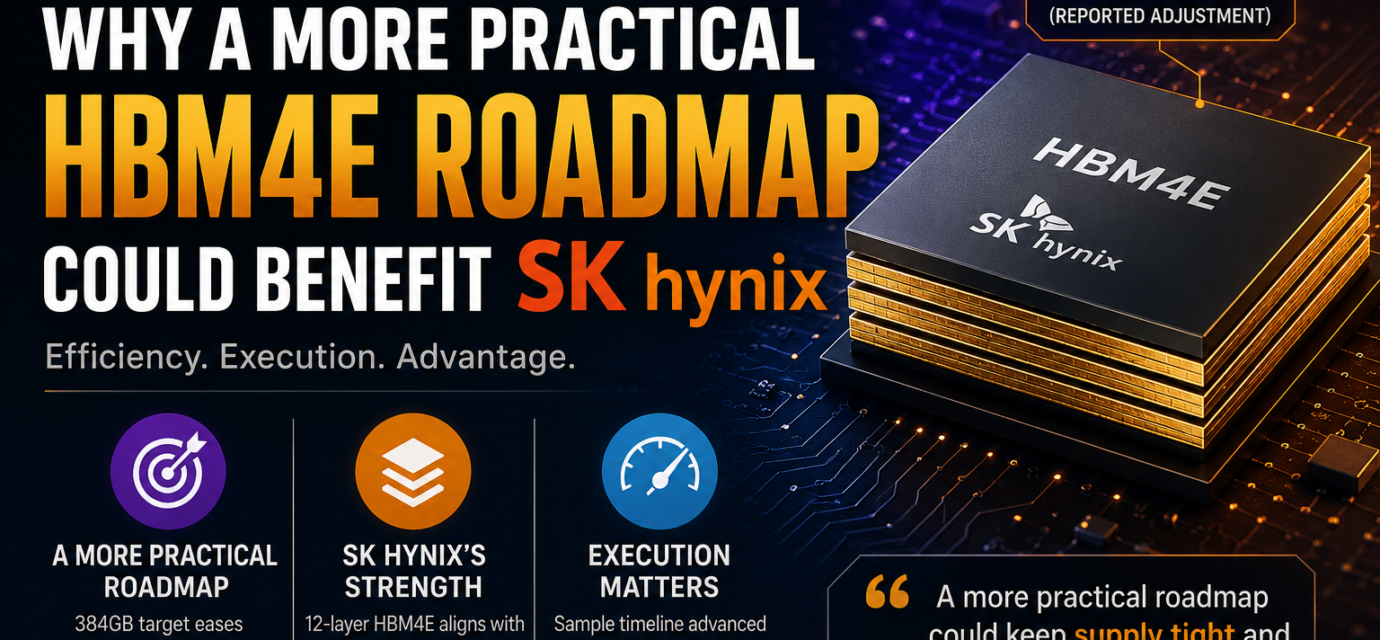 An infographic thumbnail for Inside Korea Hub titled "The 384GB Blueprint: Why a More Practical HBM4E Roadmap Could Benefit SK hynix." On the right, a 3D rendering of stacked HBM4E memory chips with the SK hynix logo is displayed on a circuit board background. On the left, the main title emphasizes efficiency, execution, and advantage. The bottom section features three key summary blocks explaining how a practical 384GB target reduces packaging complexity, aligns with SK hynix's mature MR-MUF technology, and highlights their advanced sample timeline for June–July 2026.