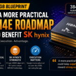 An infographic thumbnail for Inside Korea Hub titled "The 384GB Blueprint: Why a More Practical HBM4E Roadmap Could Benefit SK hynix." On the right, a 3D rendering of stacked HBM4E memory chips with the SK hynix logo is displayed on a circuit board background. On the left, the main title emphasizes efficiency, execution, and advantage. The bottom section features three key summary blocks explaining how a practical 384GB target reduces packaging complexity, aligns with SK hynix's mature MR-MUF technology, and highlights their advanced sample timeline for June–July 2026.