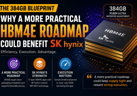 An infographic thumbnail for Inside Korea Hub titled "The 384GB Blueprint: Why a More Practical HBM4E Roadmap Could Benefit SK hynix." On the right, a 3D rendering of stacked HBM4E memory chips with the SK hynix logo is displayed on a circuit board background. On the left, the main title emphasizes efficiency, execution, and advantage. The bottom section features three key summary blocks explaining how a practical 384GB target reduces packaging complexity, aligns with SK hynix's mature MR-MUF technology, and highlights their advanced sample timeline for June–July 2026.