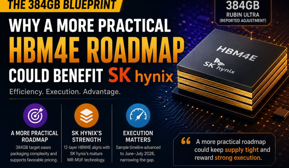 An infographic thumbnail for Inside Korea Hub titled "The 384GB Blueprint: Why a More Practical HBM4E Roadmap Could Benefit SK hynix." On the right, a 3D rendering of stacked HBM4E memory chips with the SK hynix logo is displayed on a circuit board background. On the left, the main title emphasizes efficiency, execution, and advantage. The bottom section features three key summary blocks explaining how a practical 384GB target reduces packaging complexity, aligns with SK hynix's mature MR-MUF technology, and highlights their advanced sample timeline for June–July 2026.