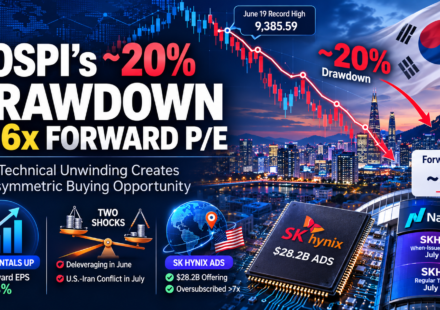 Financial infographic illustrating the KOSPI's approximately 20% correction from its June 19 record high, forward P/E compression to around 6x despite rising EPS, and SK hynix's Nasdaq ADS listing as a potential catalyst for Korean semiconductor stocks.